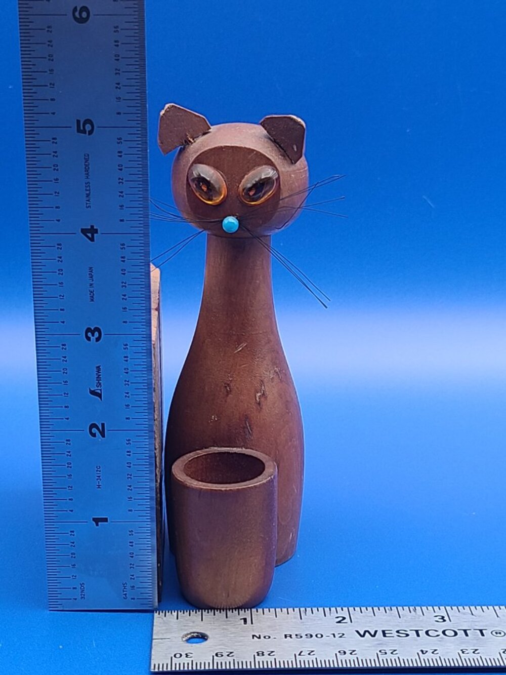 MCM Teak Wood Cat Toothpick Holder Standard Specialty Japan w Sticker - Picture 9 of 9